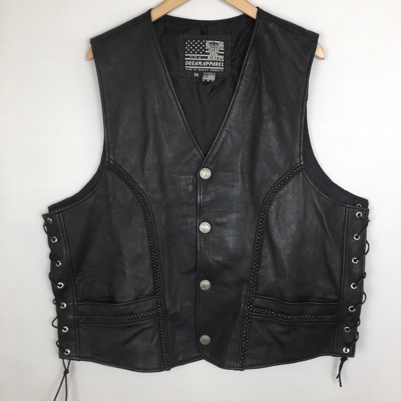 Mens Black Genuine Leather Motorcycle Vest by USA Bikers Dream Apparel Size 50 - Picture 1 of 12